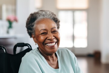 Portrait of a smiling disabled senior woman in a nursing home - obrazy, fototapety, plakaty
