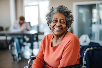 Portrait of a smiling disabled senior woman in a nursing home