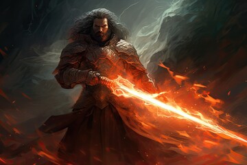 Fantasy illustration of a medieval knight with a sword in fire, warrior, fictional character, gaming, hero, villain, mythical man with fire sword, sword with flames, knight - obrazy, fototapety, plakaty