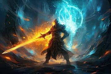Fantasy illustration of a warrior with a sword in his hand, high desolation warrior with fire sword, knight, fictional character, gaming hero, villain, combat solider with armor - obrazy, fototapety, plakaty