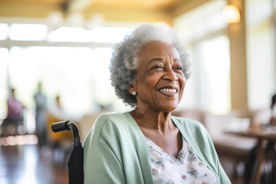 Portrait of a smiling disabled senior woman in a nursing home