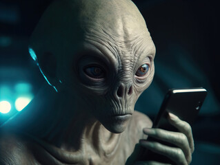 Close-up Image of a Traditional-Looking Grayish-Green Alien with a Large Hairless Head Engaging with Earthly Technology Through a Smartphone