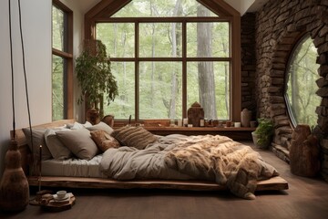 Interior of a cozy bedroom with plants.