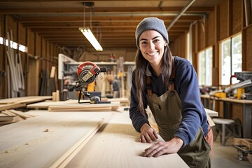 Happy female carpenter at work. - obrazy, fototapety, plakaty