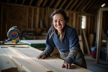 Happy female carpenter at work. - obrazy, fototapety, plakaty