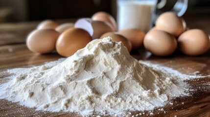 Fototapeta premium Flour, eggs and milk on a wooden table. Baking background