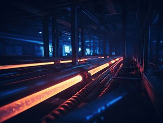 A dimly lit industrial setting within a steel or pipe manufacturing facility, featuring an extended conveyor system and a heated red pipe moving along the conveyor