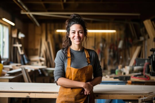 Happy female carpenter at work.