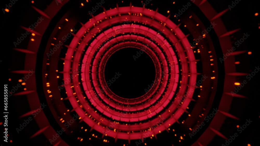 Poster red spinning circle with flashing particles rotates on a black background. looped animation. 3d rend