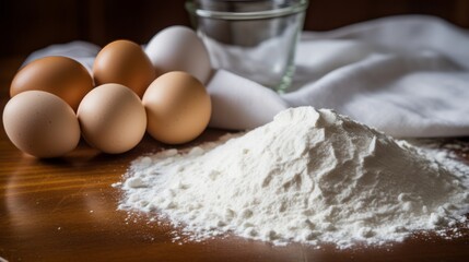 Fototapeta premium Eggs and flour on a wooden table with a glass of water