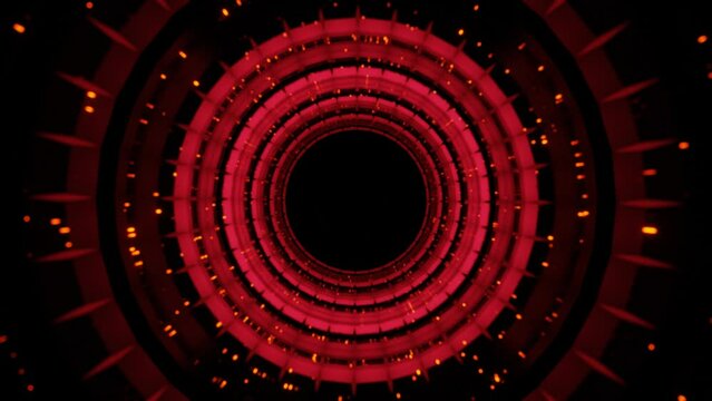 red spinning circle with flashing particles rotates on a black background. looped animation. 3d render