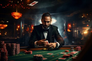 A man at a casino table playing poker and cards