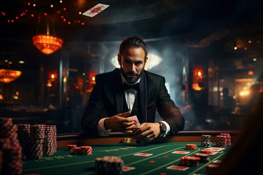 A man at a casino table playing poker and cards