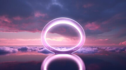 3d render, abstract background with pink cloud levitating inside bright glowing ring, round neon frame, with reflection in the water.
