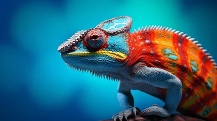 Poster Colorful chameleon on a blue background © Ahtesham