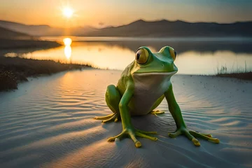 Deurstickers green frog on the lake © Hasnain