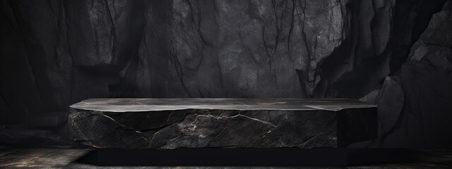 Black podium stone background rock product display 3d dark stand platform abstract stage scene...