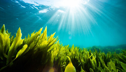 seaweed and natural sunlight underwater seascape in the ocean landscape with seaweeds marine sea bottom ai photography - obrazy, fototapety, plakaty
