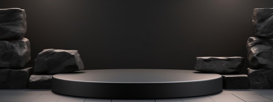 Black podium stone background rock product display 3d dark stand platform abstract stage scene studio. Stone wall black space podium mockup pedestal geometric marble showcase minimal presentation.