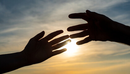 silhouettes of hands reaching out for hope and supporting each other on sunset background - obrazy, fototapety, plakaty
