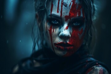 Portrait photography of a woman with blood on her face