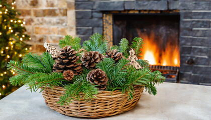 stylish wicker basket with christmas fir branches wooden trees pine cones on table against burning fireplace modern rustic eco friendly decor for winter holidays in farmhouse living room
