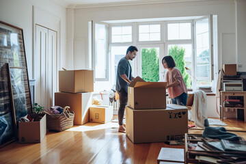 A couple settling into their new home and unpacking boxes in their cozy living room