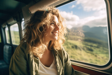 woman smiling sitting in a train looking through a window