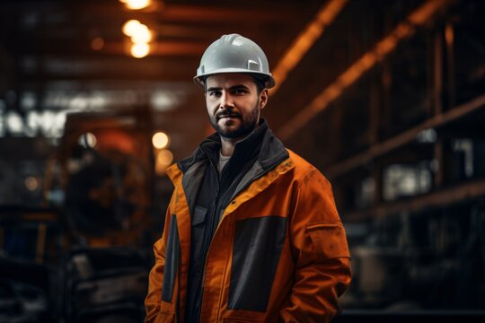 A mechanical engineer or industrial engineer wearing a safety helmet, and working in the manufacturing factory