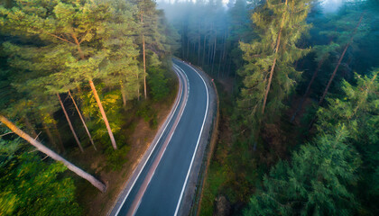 winding curvy road inside a forest from a top down view of a drone at a foggy evening with a car backlight