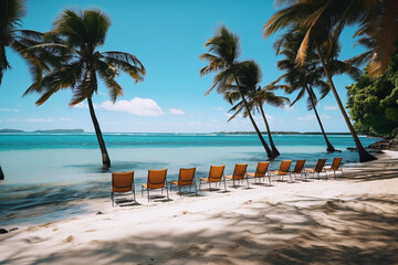 lounge chairs in line on the caribbean beach with palm trees