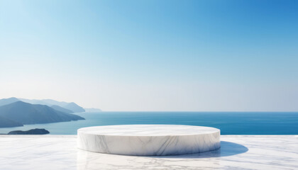 Fototapeta na wymiar White marble podium with sea view 