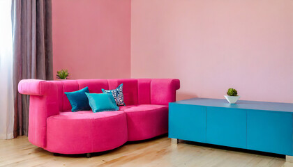 barbie pink and blue interior of modern living room with pink walls pink sofa and round coffee table with blue cushions 3d rendering