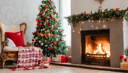 christmasndecorated fireplace interior living room with christmasntree and gifts armchair with blanket and gifts warm cozy xmas concept
