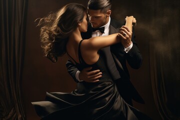 Couple in formal wear engaged in a graceful, sensual dance, emphasizing the connection and trust between them. Generative Ai