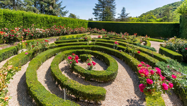 design a high resolution image of a garden labyrinth adorned with climbing roses creating an enchanting and romantic atmosphere