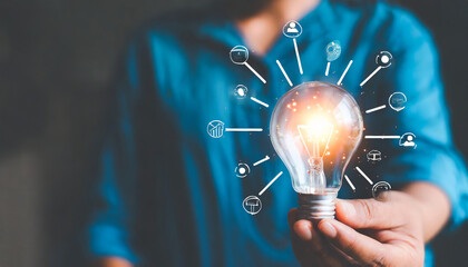 concept of strategy business ideas for innovation planning and planning idea competition business growth strategy economic growth advertising promotion futuristic graphic icon and light bulb - obrazy, fototapety, plakaty