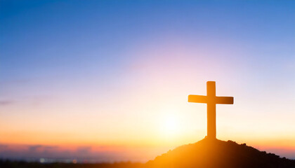 easter and good friday concept soft focus of christian worship with raised hand on cross sunset...