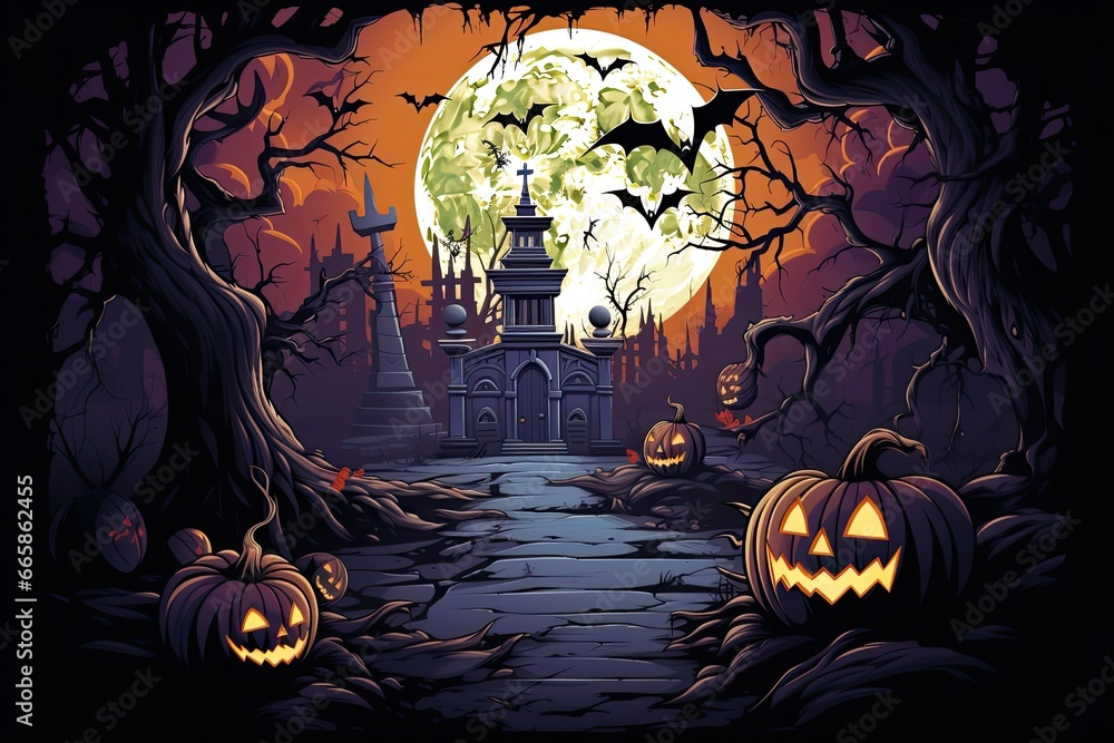 Aufkleber halloween background design with 404 timeout error webpage with a graveyard backdrop, misty atmosphe