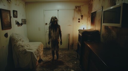 Unsettling looking human-like creature from nightmares, terrifying horror movie scene