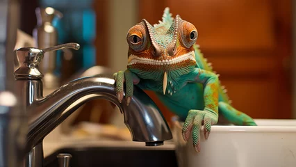 Selbstklebende Fototapeten A pet chameleon found in a sink faucet. © 대연 김