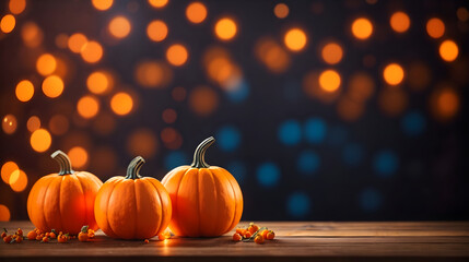 orange pumpkins on a wooden table on a bokeh glowing background