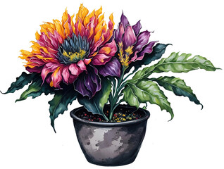 Watercolor flower in pot. 