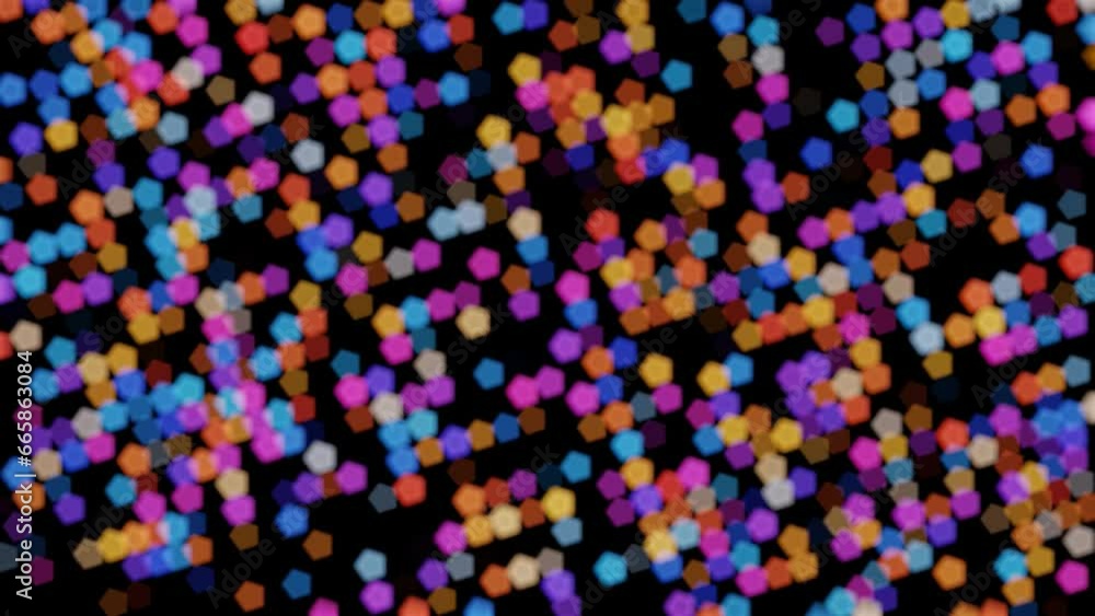 Poster blurry multi-colored particles move on a black background. looping abstract animation. 3d render