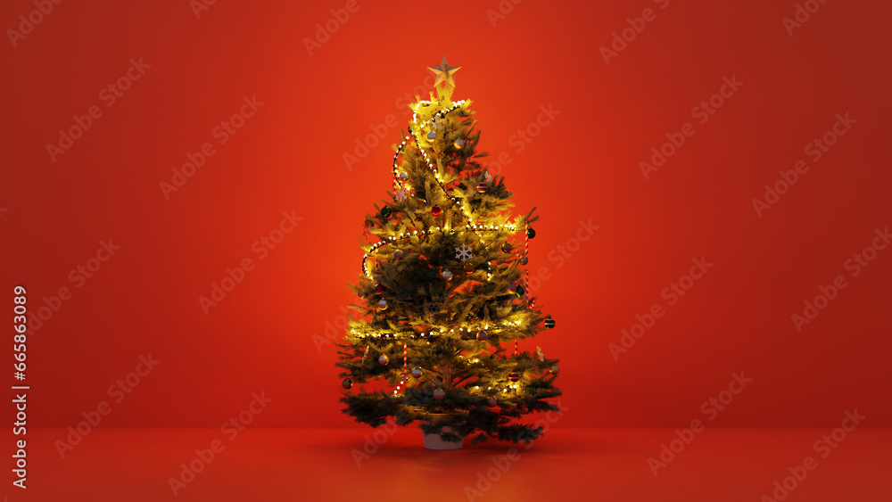 Poster a christmas tree with a small bulb lit up is with a red background, 3d rendering