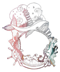 Watercolor Whale. Alcohol Ink Streaks. Sea