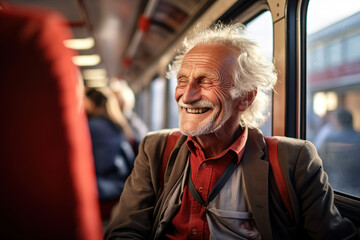 old man smiling in a train