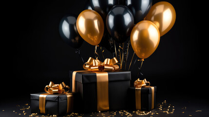 Black gold gift box with balloons and ribbon on black background