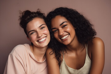 Two diverse happy women smiling together in a studio environment. Female couple or best friends
