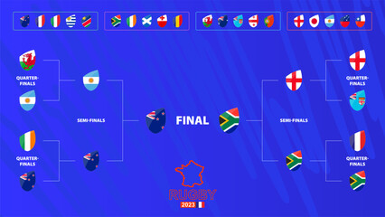 Rugby tournament bracket with flags of Final participants. Rugby competition 2023 schedule on abstract background.
